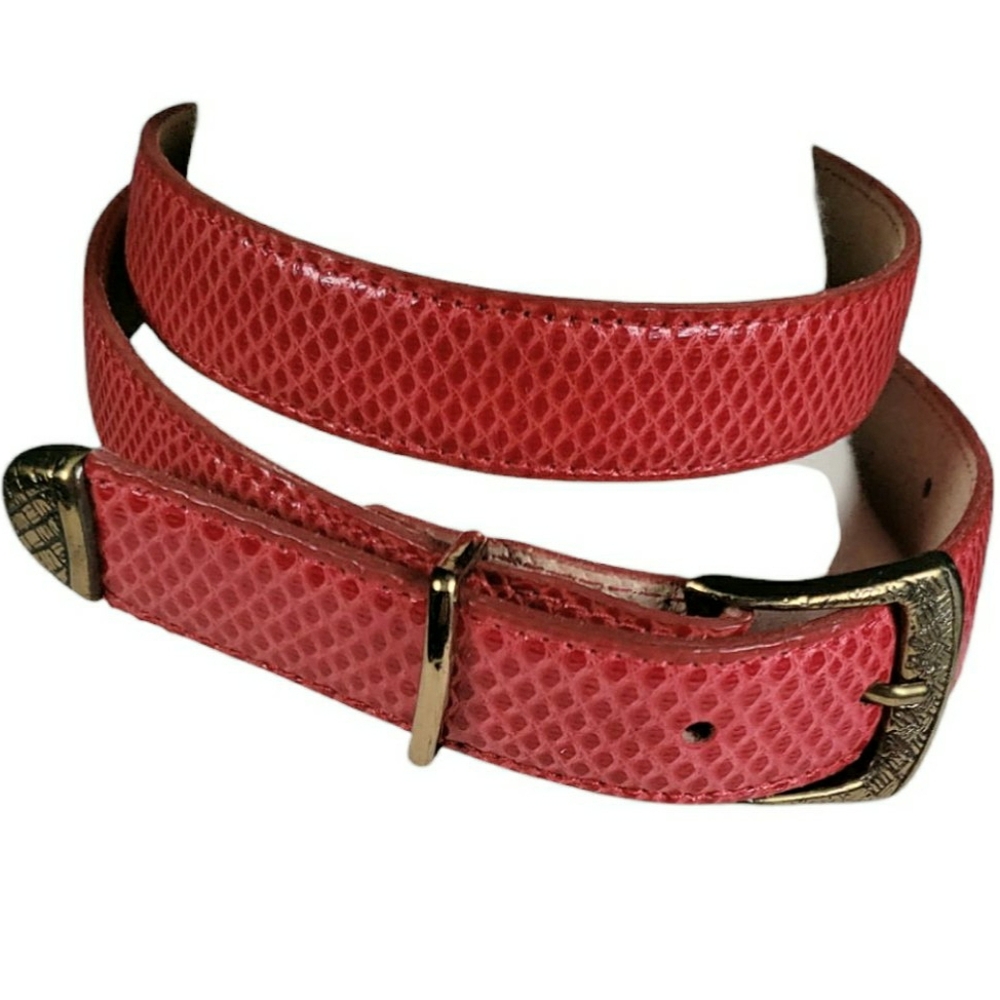 Snake Skin Elaine Coyne Leather Belt Sign Preppy Career Quiet Luxury Red Brass